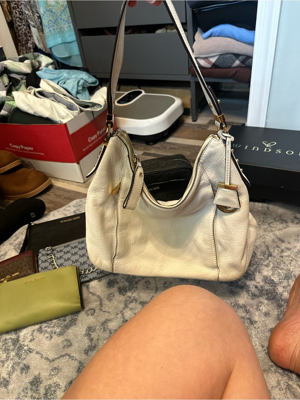 Michael Kors Cream Pebbled Leather Shoulder Bag with Gold Hardware